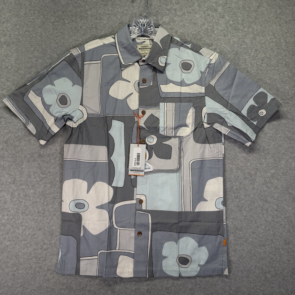Quiksilver Waterman Shirt Mens Small Blue Carbon Hawaiian Floral Beach Comfort